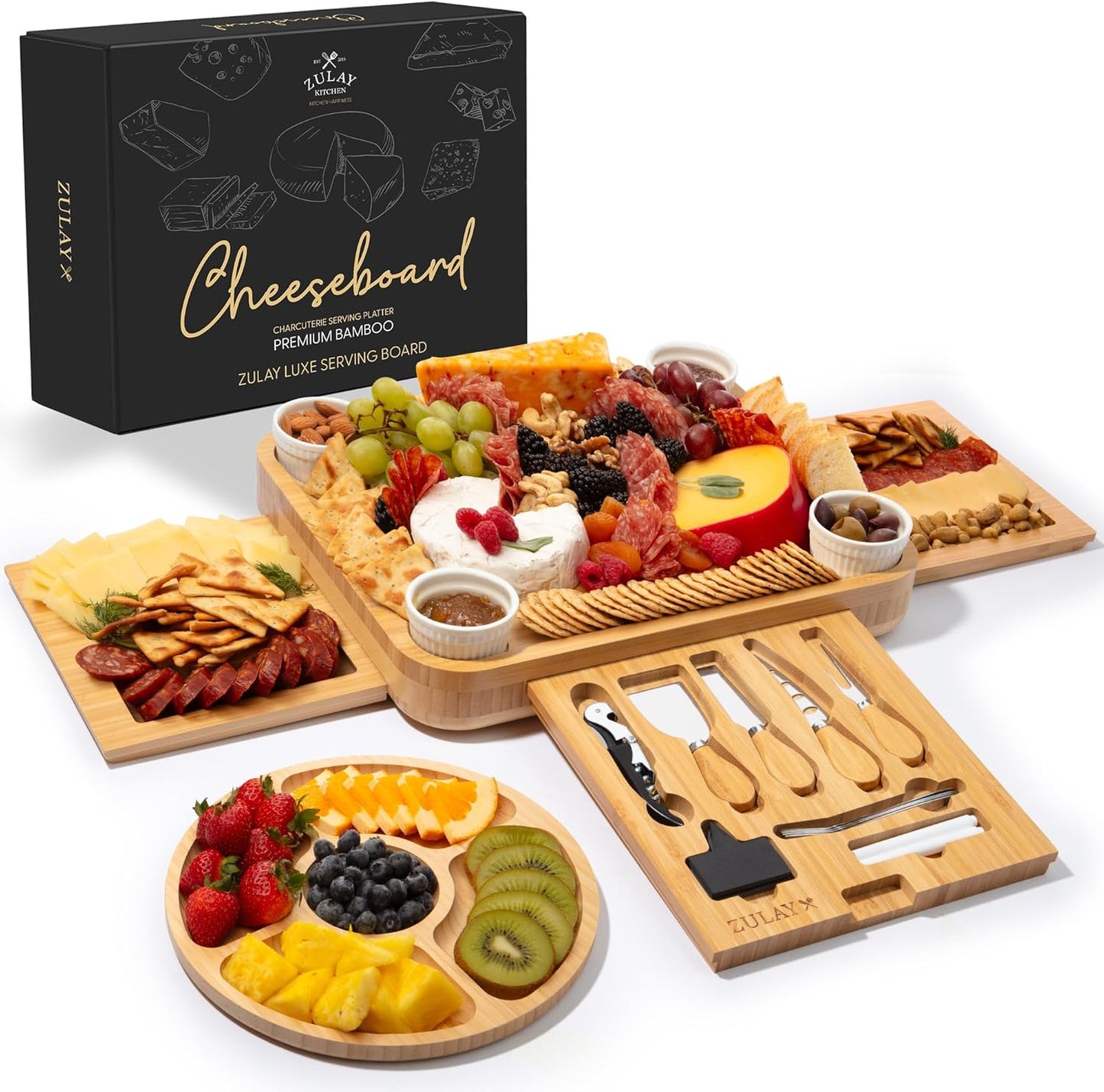 Zulay Kitchen Premium Bamboo Charcuterie Board - Extra Thick Bamboo Board with 4 Piece Knife Set - Perfect for Charcuterie, Wine and Cheese