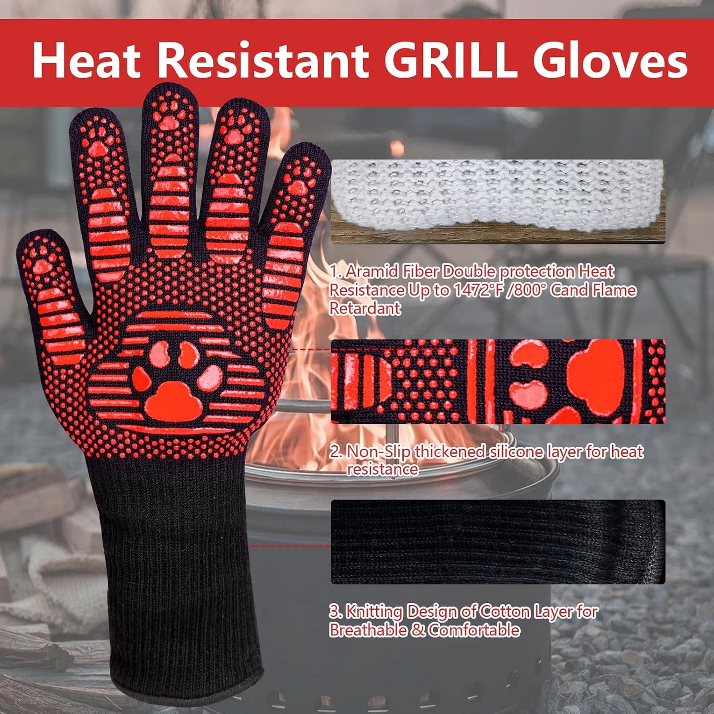 UBeesize Lengthen BBQ Gloves (Phoenix), 1472°F Heat Resistant Grill Glove, 14 inch Fireproof Oven Gloves for Cooking, Non-Slip Fire Glove for Grilling, Barbecue, Smoker, Baking, Frying