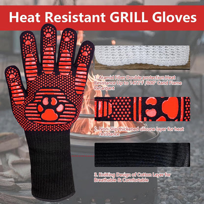 UBeesize Lengthen BBQ Gloves (Phoenix), 1472°F Heat Resistant Grill Glove, 14 inch Fireproof Oven Gloves for Cooking, Non-Slip Fire Glove for Grilling, Barbecue, Smoker, Baking, Frying