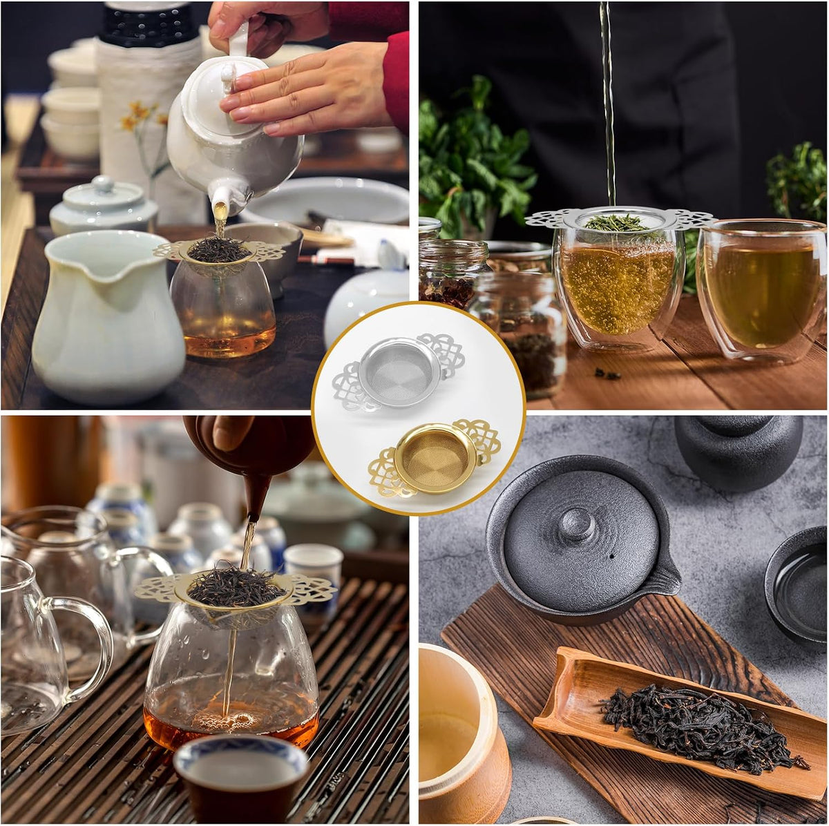 Tea Strainers with Drip Bowls, Gold, 2 Pack