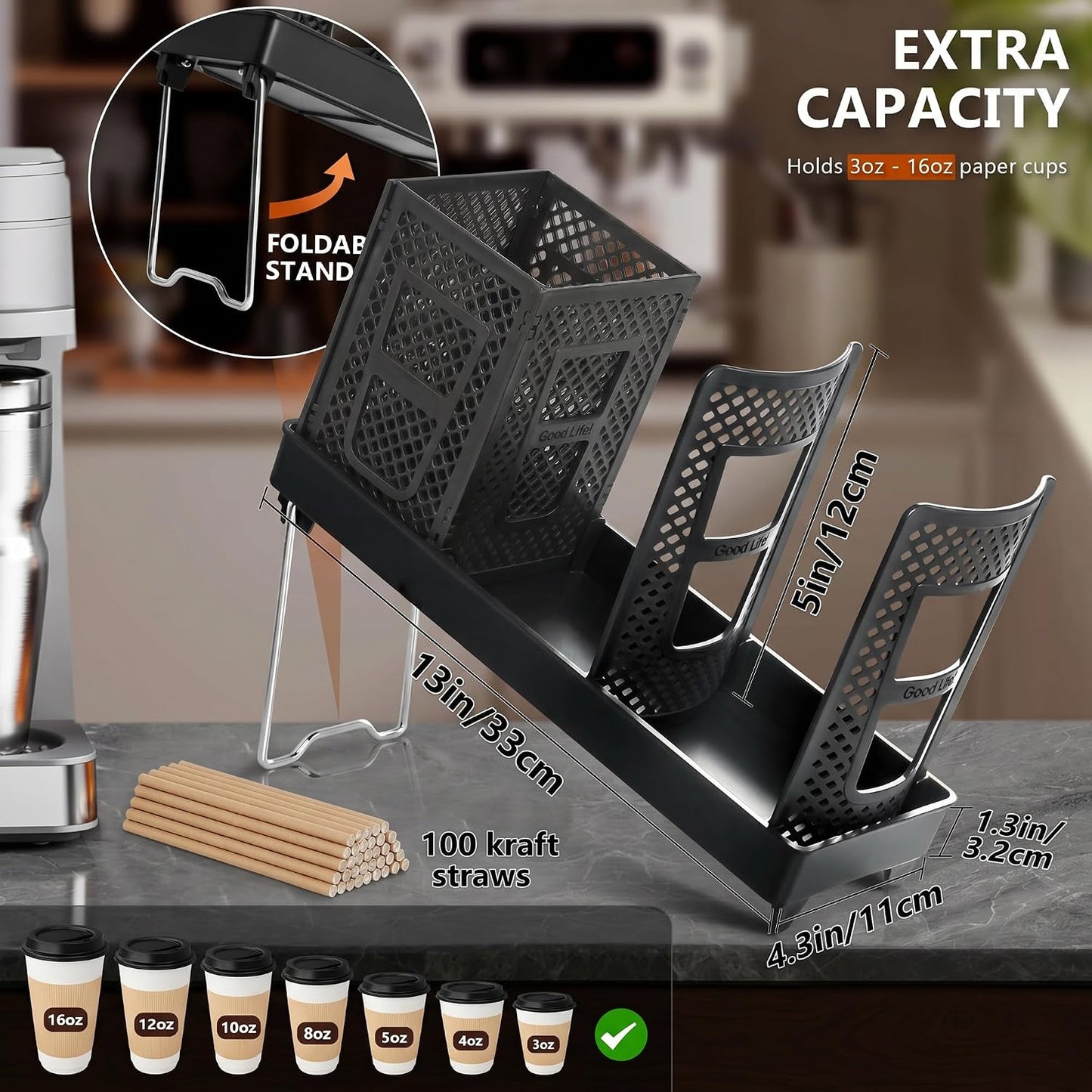 Paper Cup and Lid Holder, Disposable Coffee Cup Dispenser, 3-Slot Upright Paper Cup Dispenser for Coffee Stations, Kitchens, Bars, Restaurants, Lounges (Black)