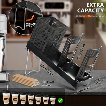 Paper Cup and Lid Holder, Disposable Coffee Cup Dispenser, 3-Slot Upright Paper Cup Dispenser for Coffee Stations, Kitchens, Bars, Restaurants, Lounges (Black)