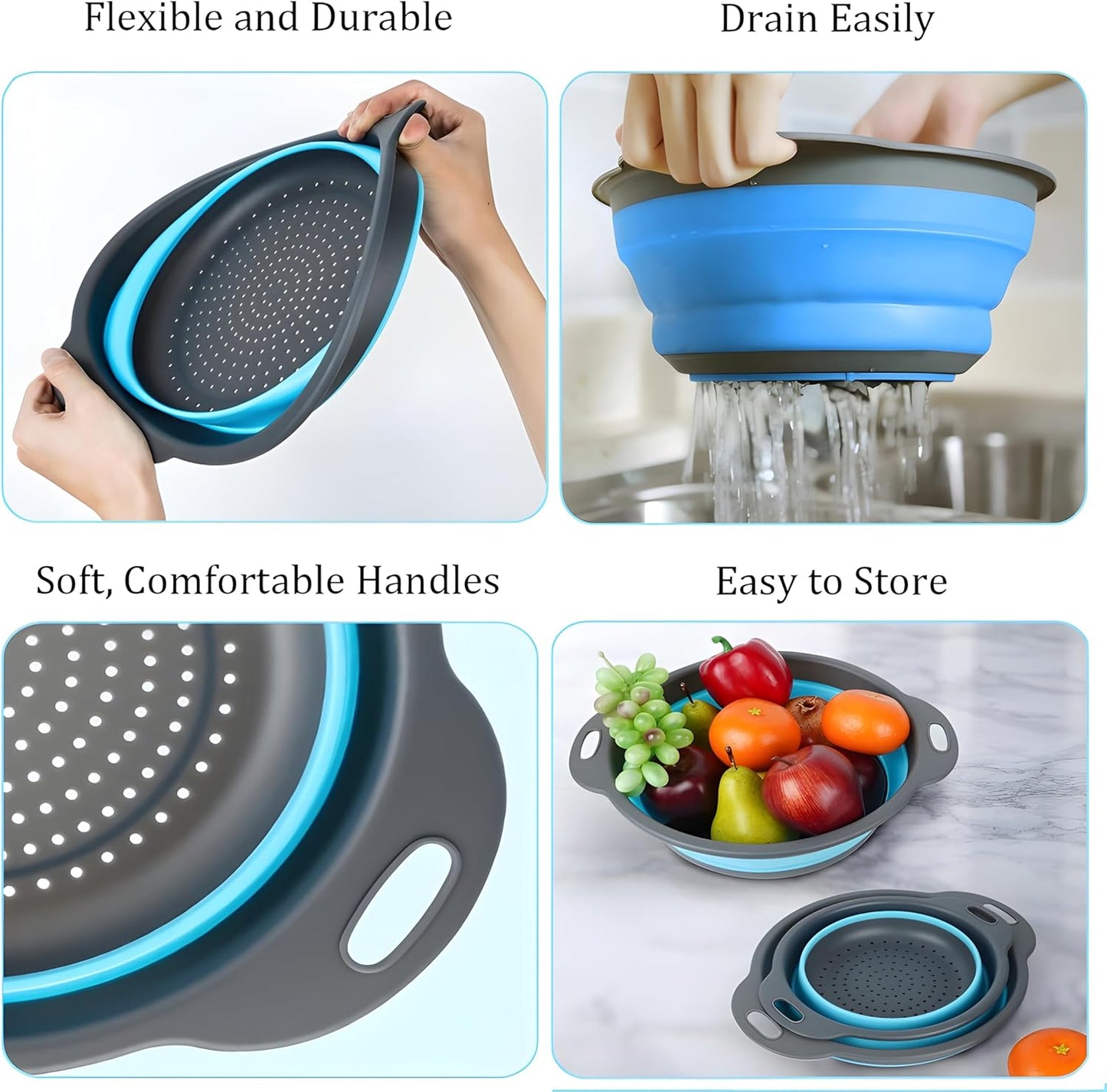 UVB Collapsible Colander Set, Space-Saving Foldable Kitchen Strainer for Pasta, Vegetables & Fruit, Colander for Kitchen with 2 Stainless Steel Hooks & Silicone Funnel – Blue