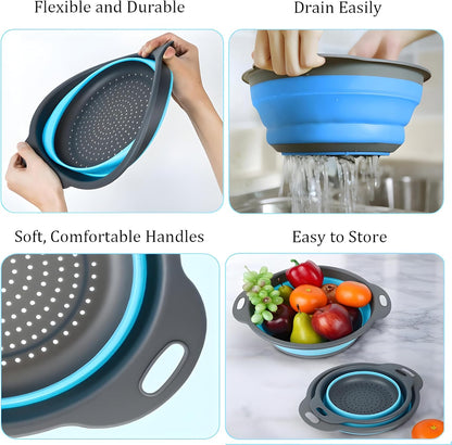 UVB Collapsible Colander Set, Space-Saving Foldable Kitchen Strainer for Pasta, Vegetables & Fruit, Colander for Kitchen with 2 Stainless Steel Hooks & Silicone Funnel – Blue