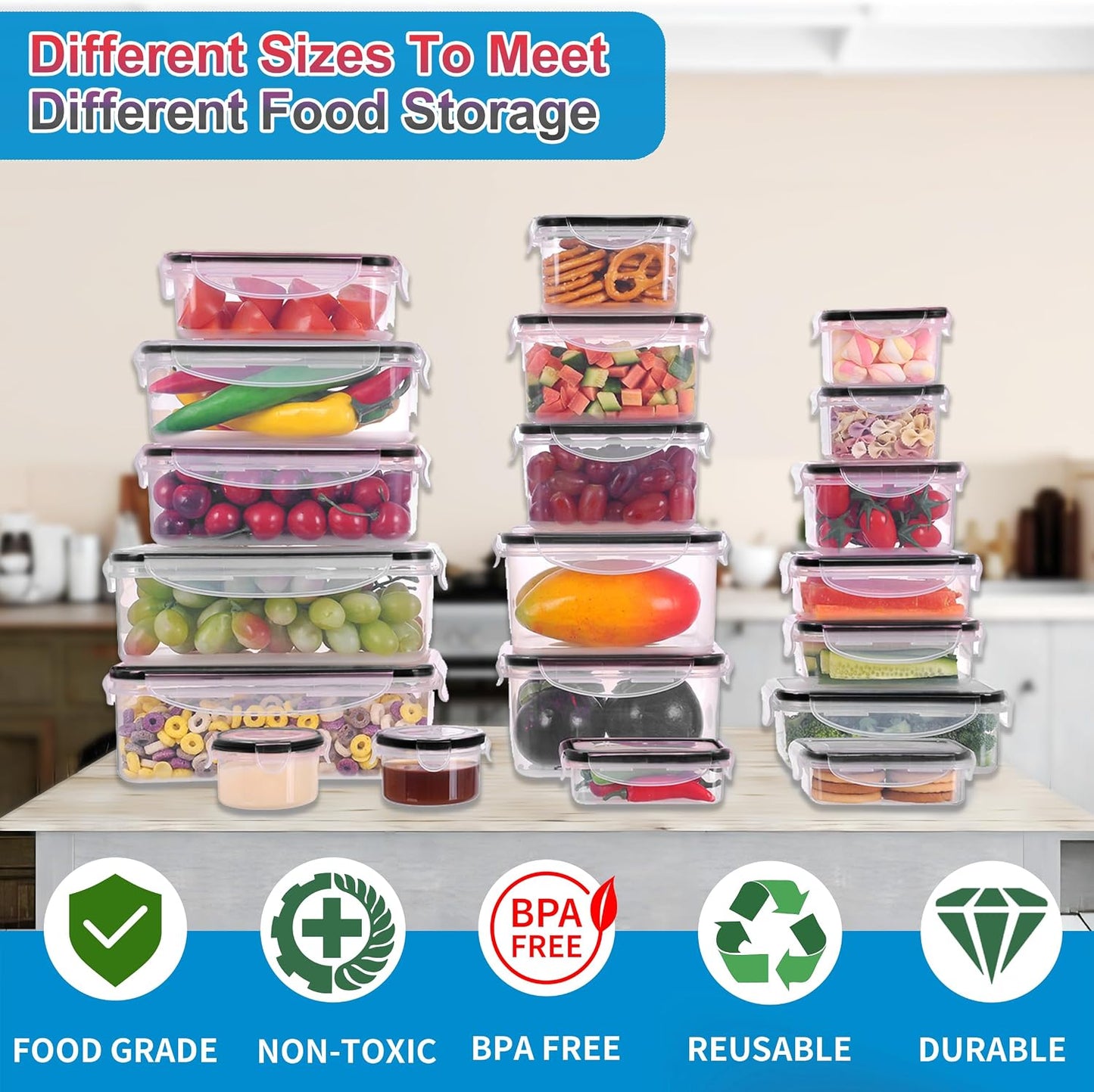 52-Piece Large Food Storage Containers with Lids Airtight, Health Material 85oz Leakproof Reusable Plastic Storage Containers, for Lunch, Meal Prep, and Leftovers, Kitchen Organizer, Freezer Container