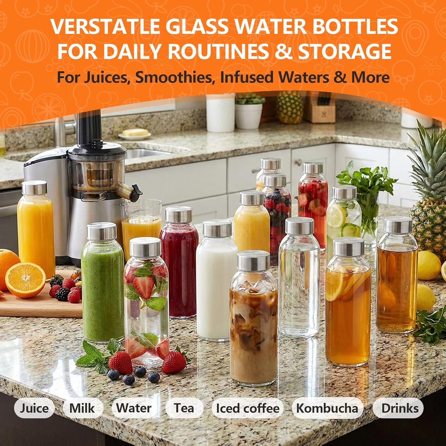Glass Juice Bottles with Lids 10 oz, 6 Pack Reusable Small Glass Bottles with Stainless Steel Caps & Straws, BPA-Free Leak proof Juice Bottle Containers for Juicing, Milk, Smoothies & Fridge