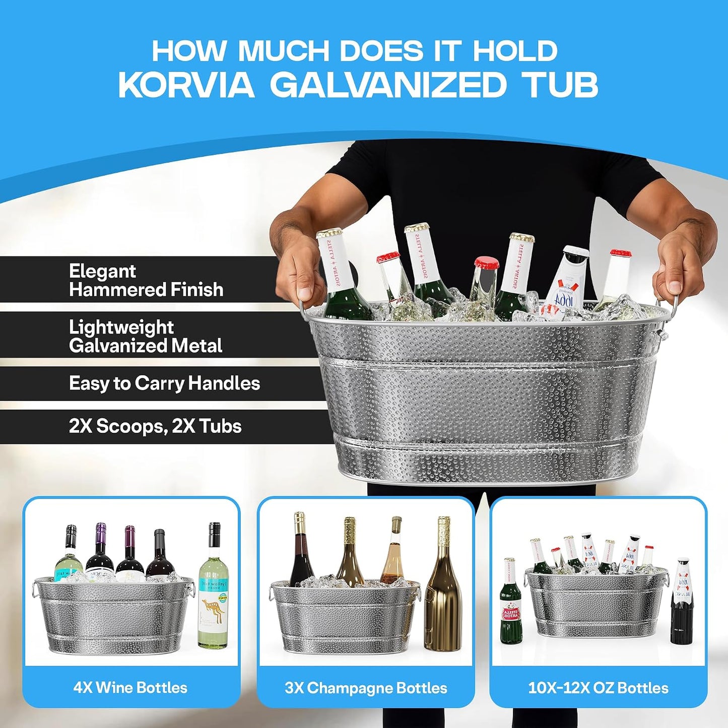 2 Pack Galvanized Tub with Handles - Beverage Tub with 2 Ice Scoops, 3 Gallon Ice Bucket for Parties, Metal Drink Buckets for Parties for Champagne Cocktails Wine Cooling for Mimosa Bar Supplies