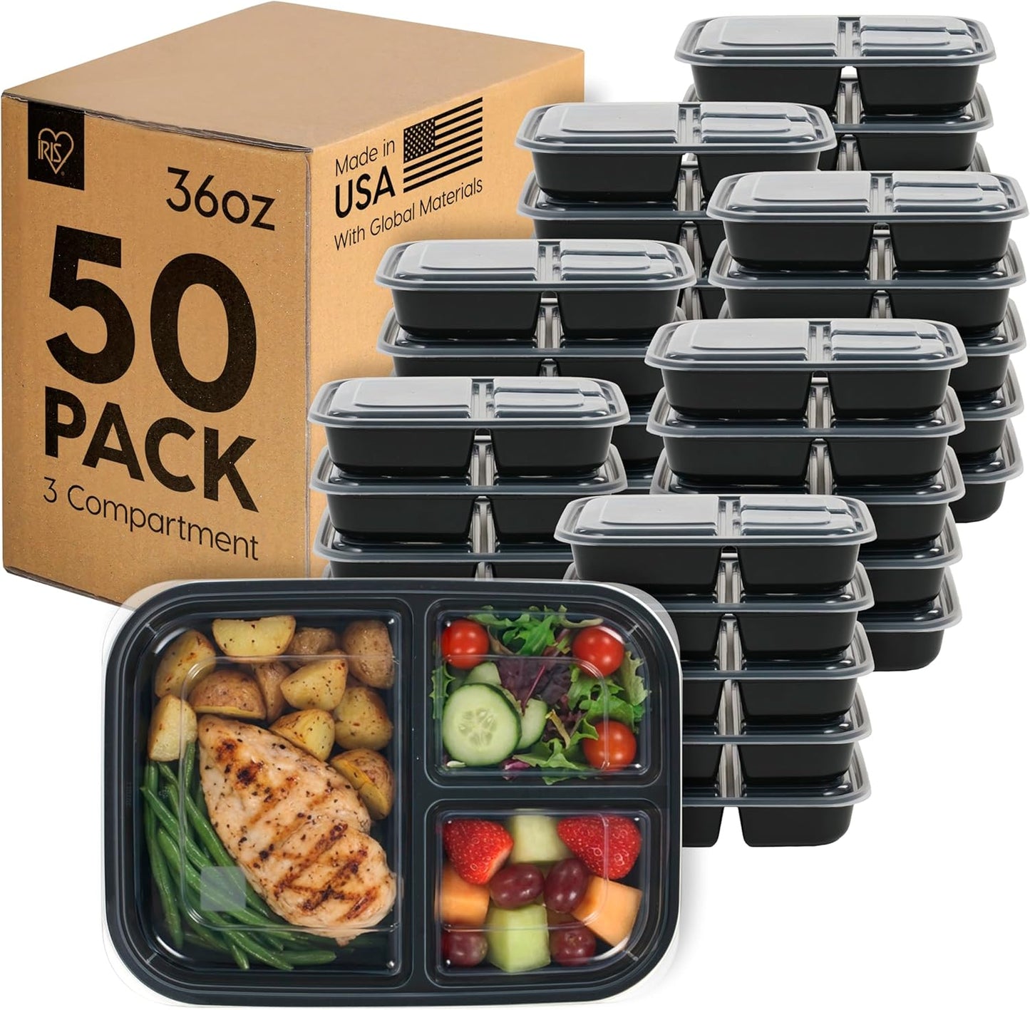 IRIS USA Meal Prep Containers, 36oz - 50 Pack (100-Piece) 3-Compartment Reusable Food Storage Containers with Lids, Plastic Kitchen Food Prep To Go Lunch Box, Microwave Freezer Dishwasher Safe, Black
