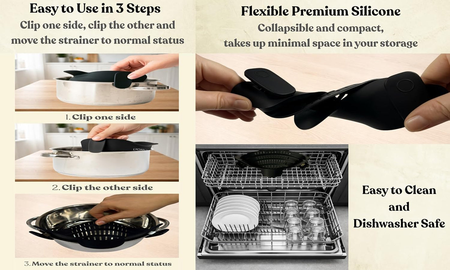 Clip On Strainer Silicone for Pots and Pans, Universal Fit Pasta Strainer and Pot Colander, Space Saving Food Drainer with Collapsible Funnel and Garlic Peeler, 3 Pcs Set, Gray