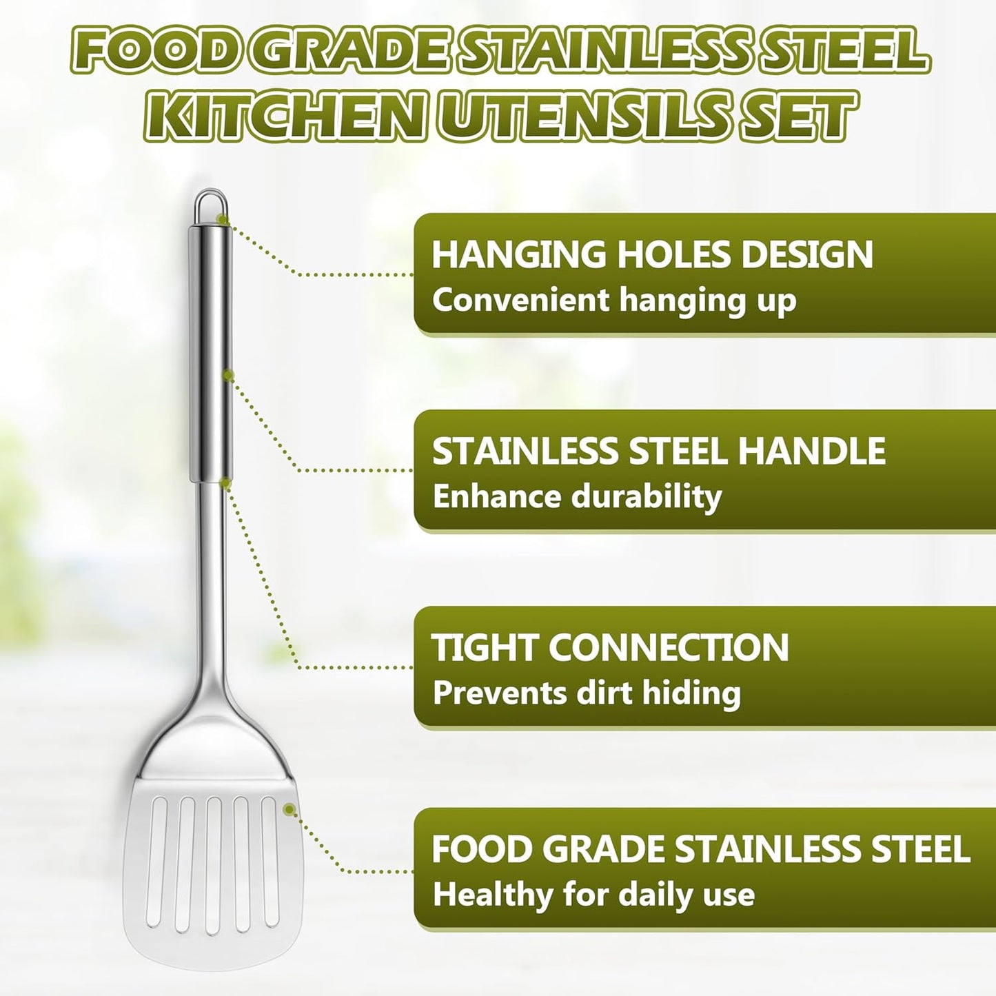 E-far Cooking Utensils Set, 10-Piece Stainless Steel Kitchen Utensils with Holder, Metal Heat Resistant Kitchen Cookware Tool Spatula Set for Cooking, Easy Clean & Dishwasher Safe