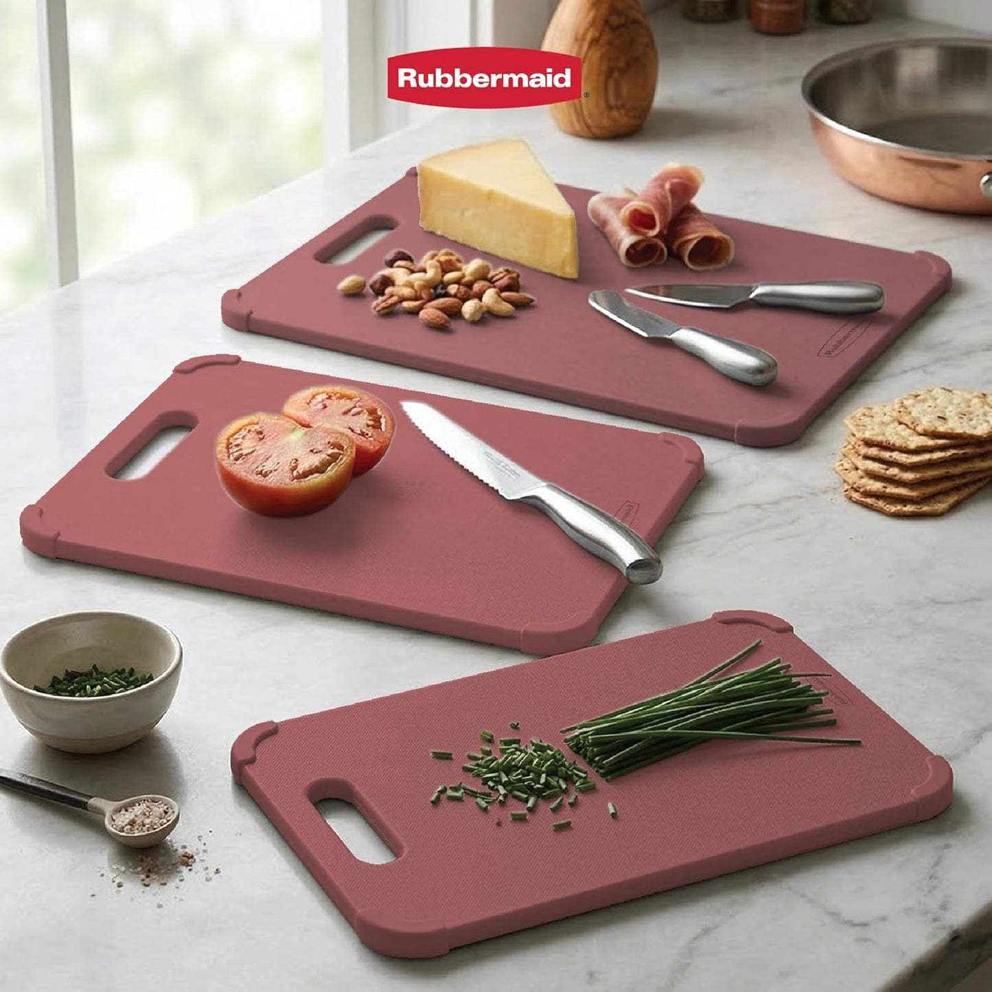 Rubbermaid 3pc Reversible Wheat Fiber Cutting Board Set | Cutting Boards for Kitchen – Dishwasher Safe, Non-Slip Corners, Lightweight & Easy To Store- Large Cutting Board for Meat, Veggies & Fruits