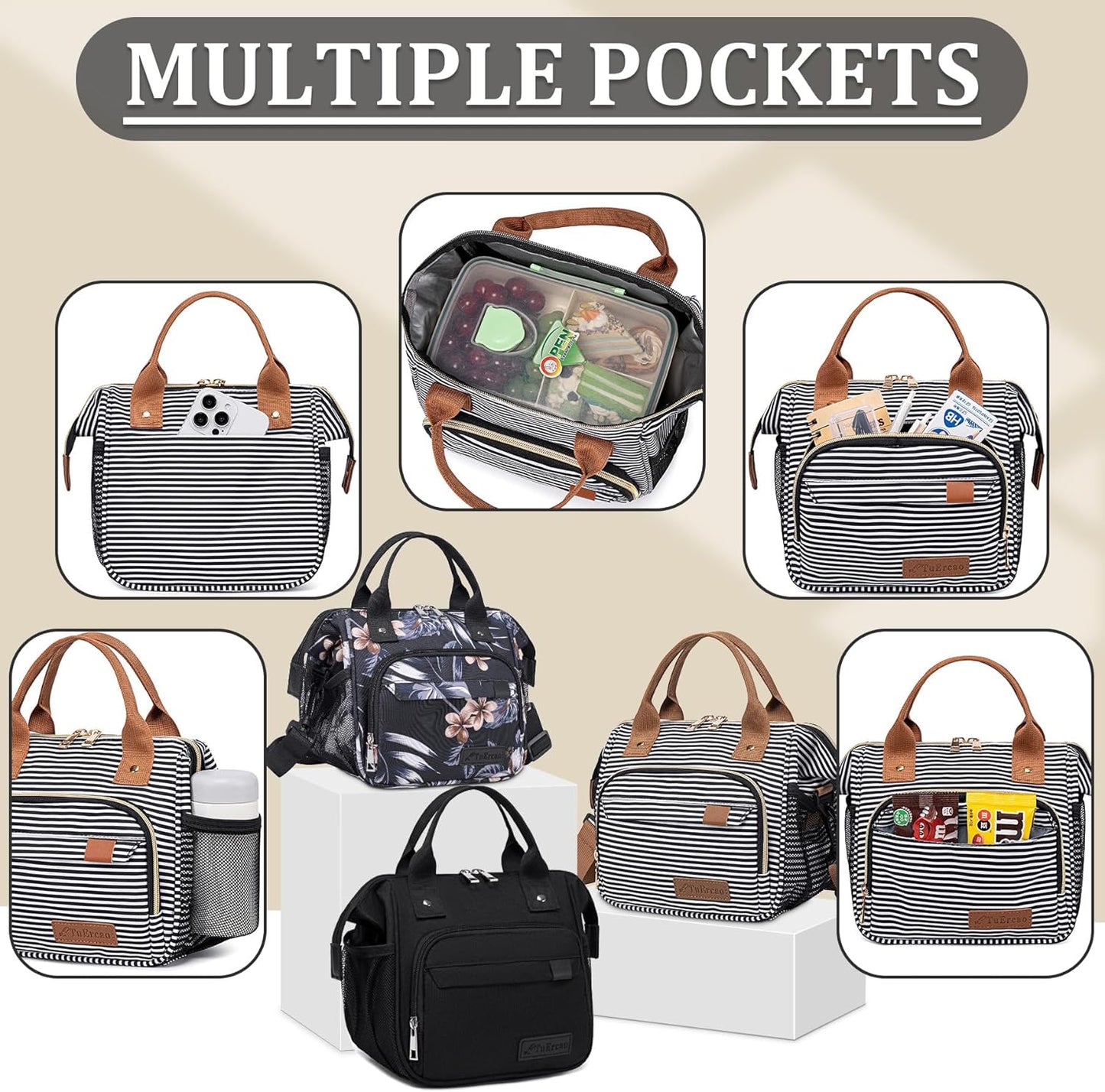 TuErCao Small Lunch Bag Lightweight Insulated Lunch Box for Women Work Portable Soft Cooler for Picnic Travel Road Trips, Loncheras para Mujer, Black