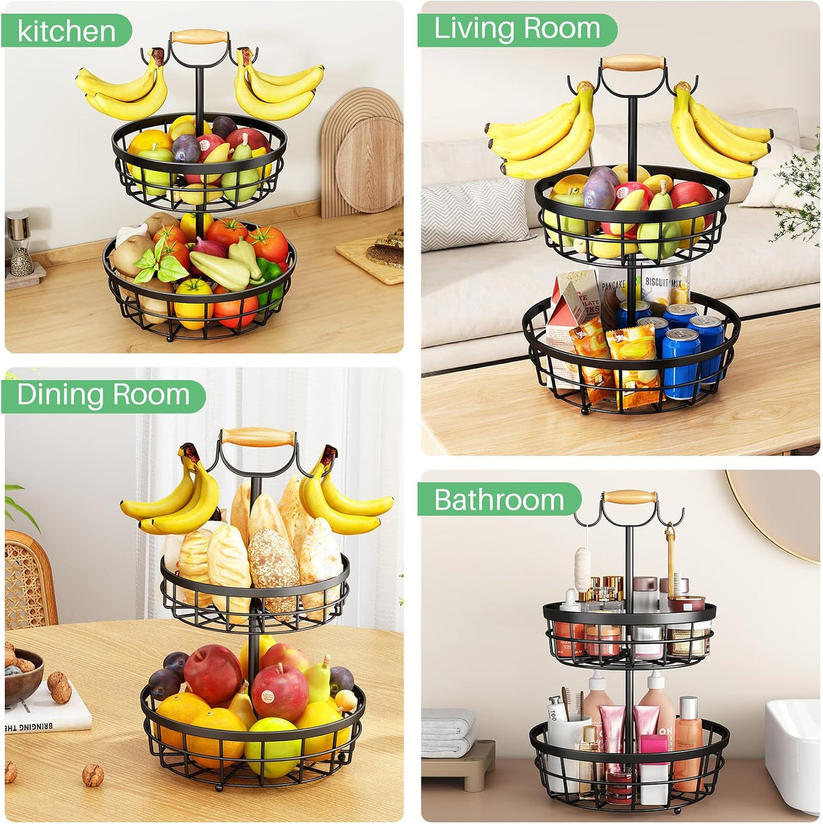 SAYZH 2-Tier Fruit Basket Bowl Vegetable Storage with 2 Banana Tree Hanger and Wood Lift Handle, Kitchen Countertop Metal Wire Basket for Bread Onions Potatoes (Black, 2 Tier)