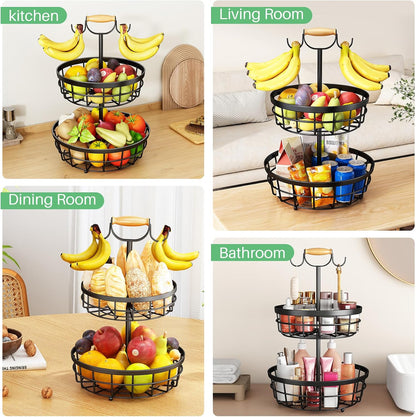 SAYZH 2-Tier Fruit Basket Bowl Vegetable Storage with 2 Banana Tree Hanger and Wood Lift Handle, Kitchen Countertop Metal Wire Basket for Bread Onions Potatoes (Black, 2 Tier)