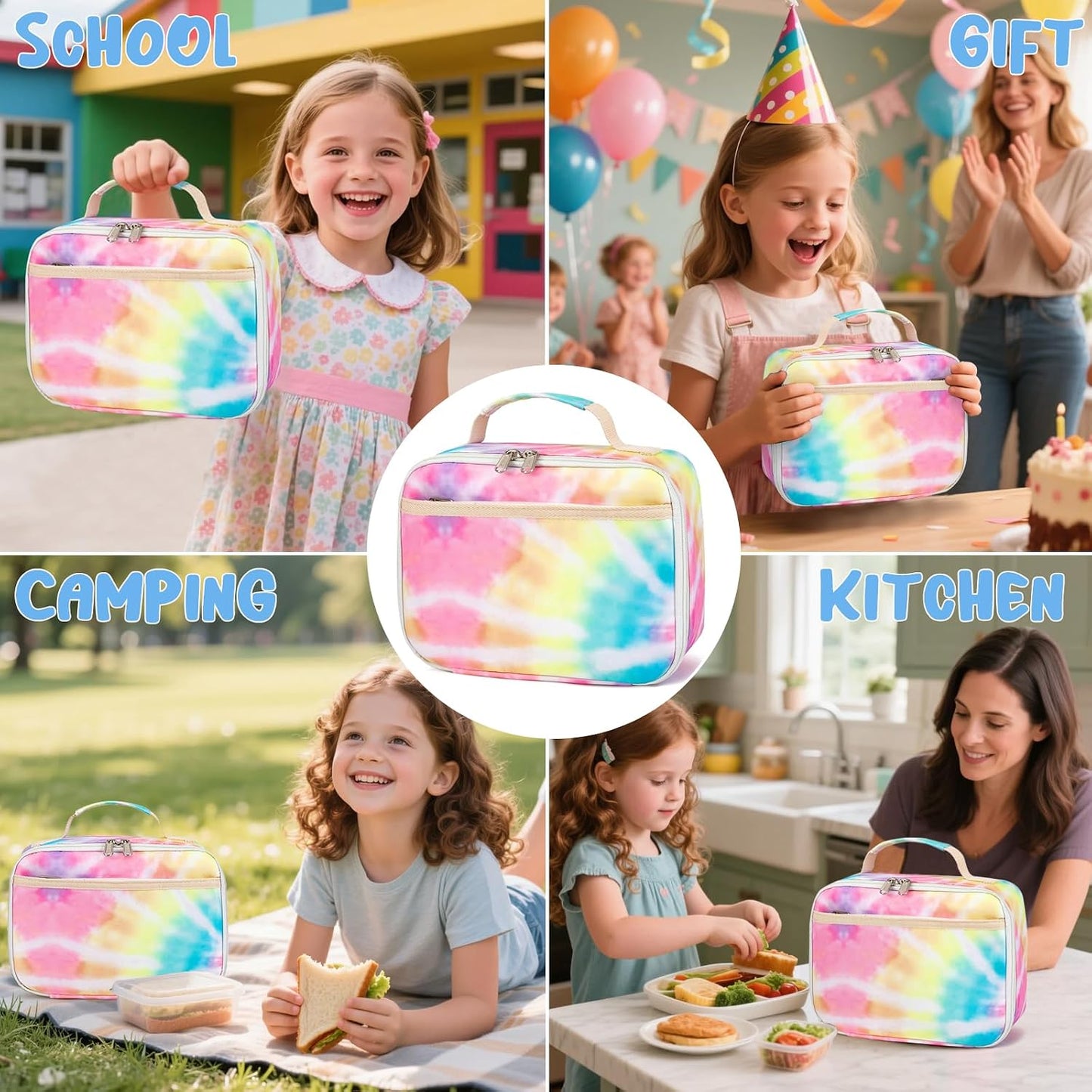 CAMTOP Kids Lunch Box Boys Girls Insulated Lunch Cooler Bag Reusable Lunch Tote Kit for School Travel (094 Tie Dye)
