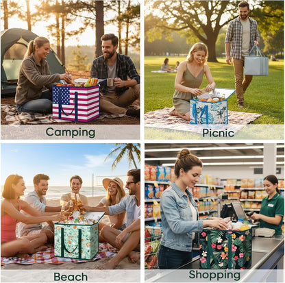 BALEINE 2Pk Insulated Reusable Grocery Bags, Collapsible Cooler Bag for Groceries, Heavy Duty Large Insulated Bag (16''x9''x13'', Antique Foliage)