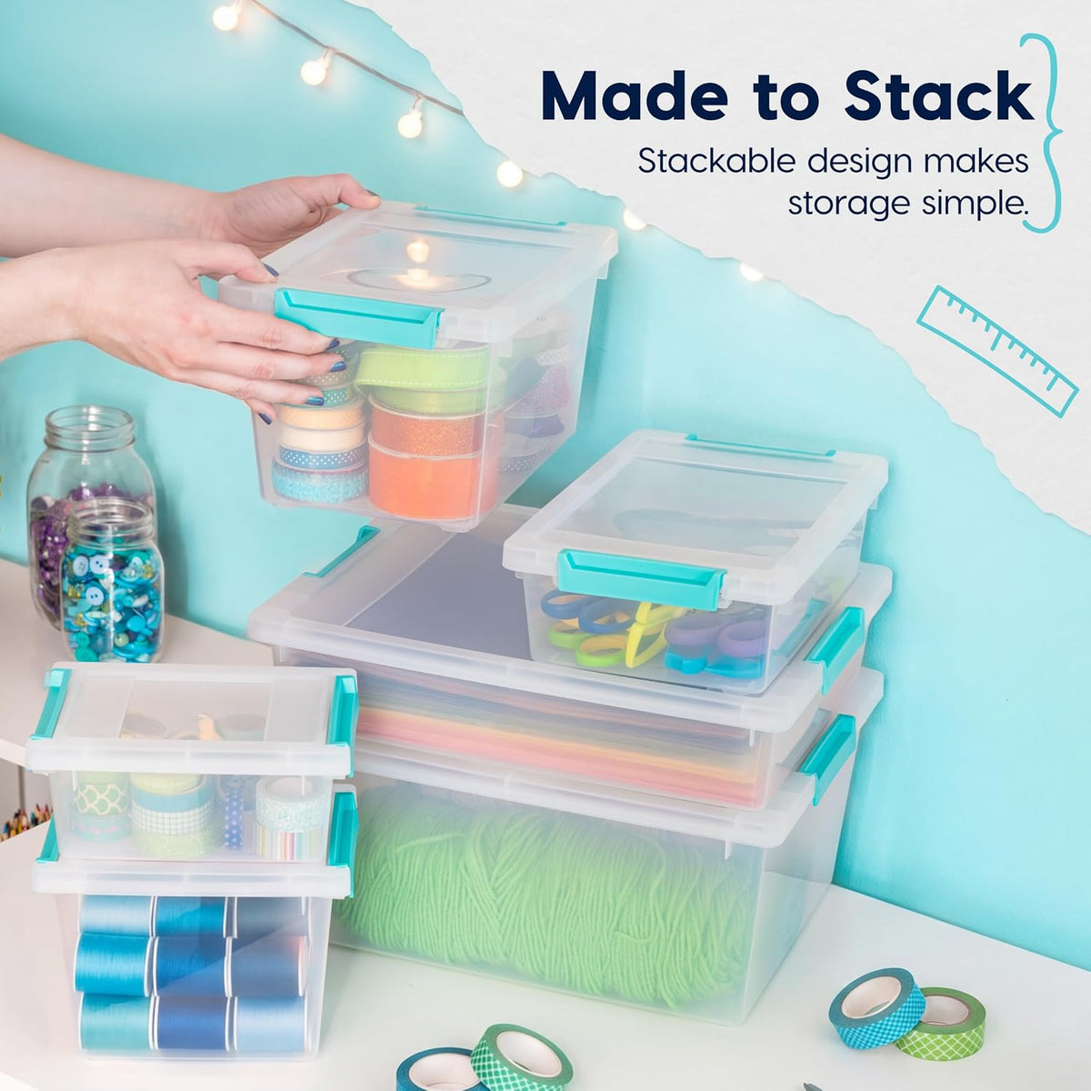 IRIS USA 12 Qt. Craft Storage Bins with Lids, 4-Pack, |Made in USA|, Clip Box, Medium Plastic Sensory Bin Tote Organizer Containers for Art Supplies, Paper, & Office, Stackable - Clear/Seafoam Blue