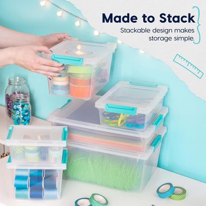 IRIS USA 12 Qt. Craft Storage Bins with Lids, 4-Pack, |Made in USA|, Clip Box, Medium Plastic Sensory Bin Tote Organizer Containers for Art Supplies, Paper, & Office, Stackable - Clear/Seafoam Blue
