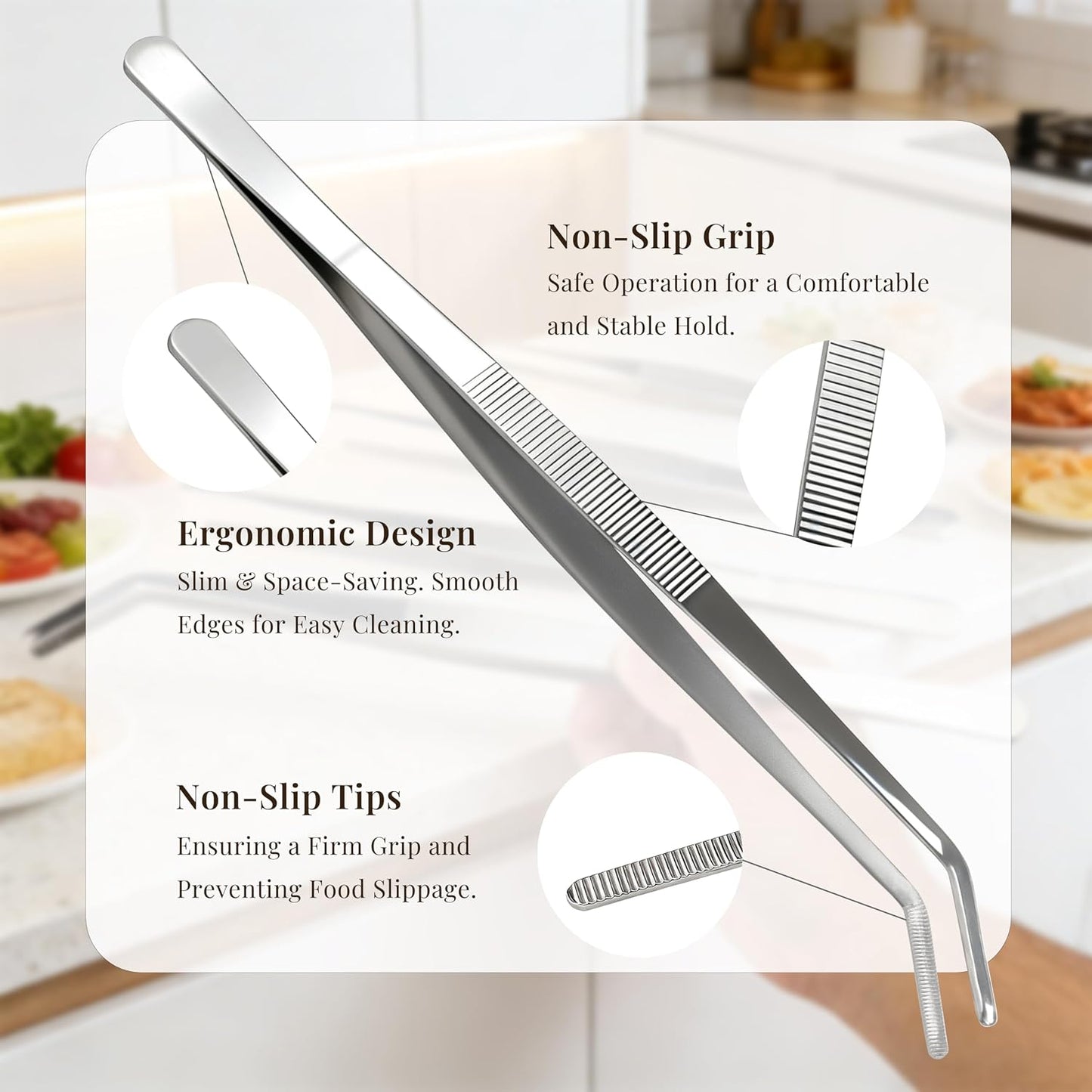 Stainless Steel Tweezers Tongs Set of 2, Kitchen Cooking Utensils, Straight and Bent Tip 11.8″ for Serving, Chef Tools