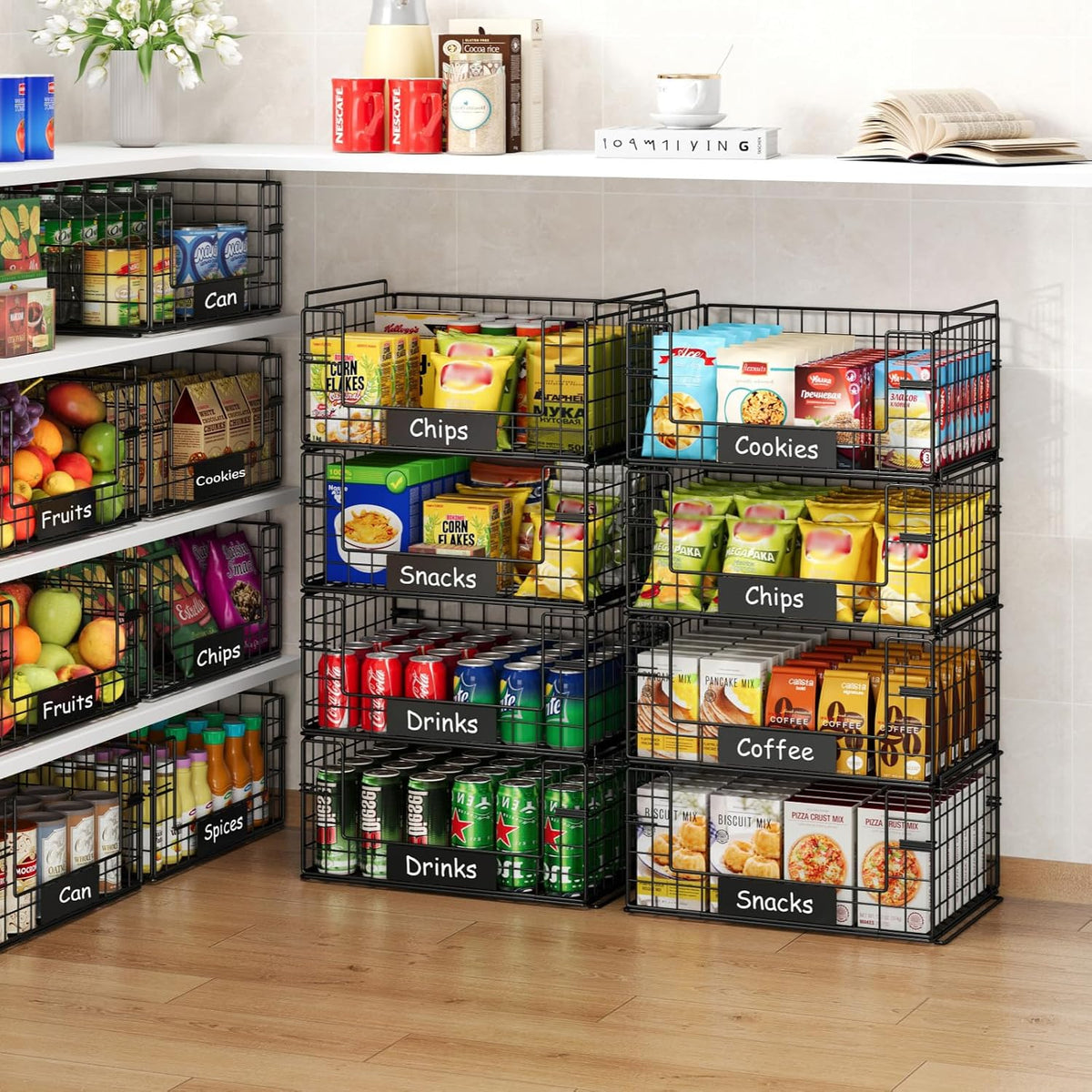 JKsmart 8-Tier Stackable Wire Basket, Can Organizer for Pantry Kitchen, XXL Metal Storage Shelves with Dividers & Handles, Easy Assembly Space Saving Storage Bins for Snacks Fruits Veggies