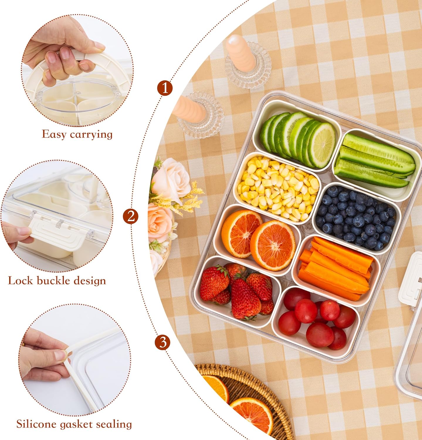 WACOI Divided Snack Serving Tray with Lid and Handle travel Snackle Box Charcuterie Container Portable Storage Organizer for Candy, Fruits, Nuts, Snacks 1Pack White