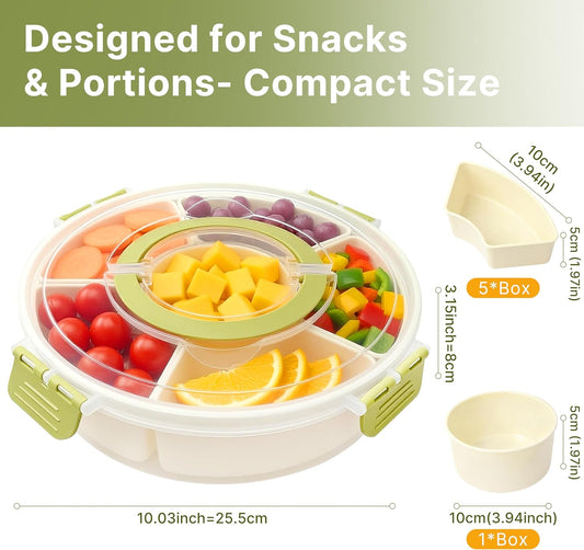 Divided Serving Tray with Lid – Snackle Box Container with Handle – Dishwasher & Microwave Safe – 6-Compartment Round Organizer for Fruits, Veggies, Candy & Nuts – Compact & Travel Friendly (10”)