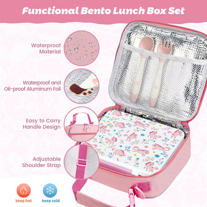 Kids Bento Lunch Box with Thermos, Leakproof Toddler Bento Box with 9 OZ Insulated Food Jar, Lunch Bag & Utensils 3 or 4 Compartment Container for School Girls Boys