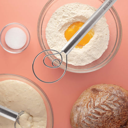 Zulay Kitchen 13-Inch Danish Dough Whisk - Stainless Steel Wooden Whisk with Dough Hook - Sourdough Whisk for Bread, Pizza, Pastry, Cake Batter & More - Wood