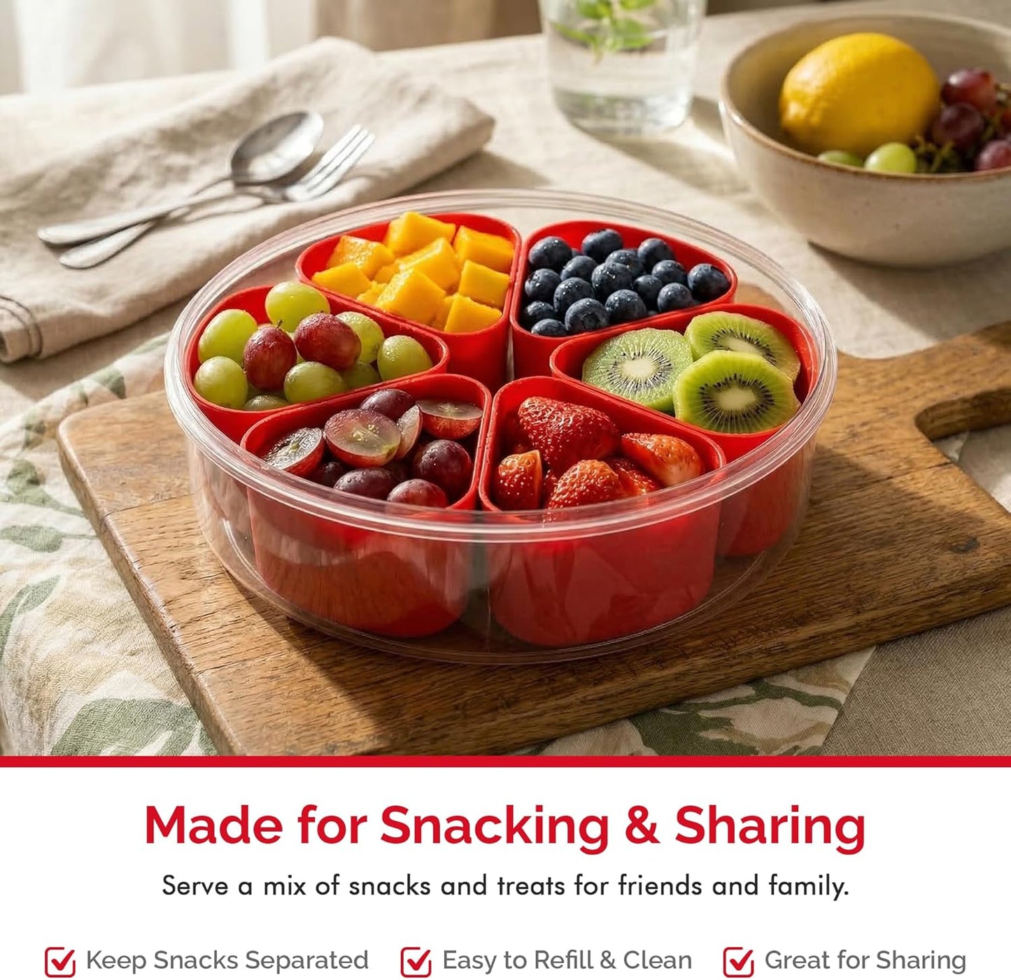 Divided Serving Tray with Lid,Stackable Snackle Box Strawberry Container for Fruits Candy Organizer, Portable Rounded Veggie Tray for Kitchen, Party, Trave and Picnic (Pink)