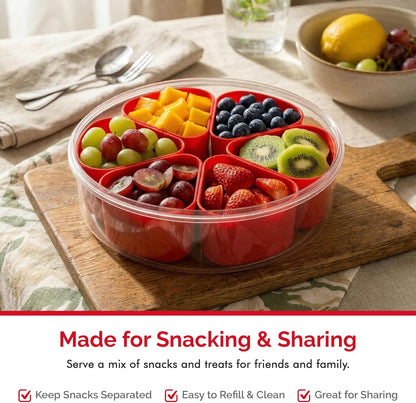 Divided Serving Tray with Lid,Stackable Snackle Box Strawberry Container for Fruits Candy Organizer, Portable Rounded Veggie Tray for Kitchen, Party, Trave and Picnic (Pink)