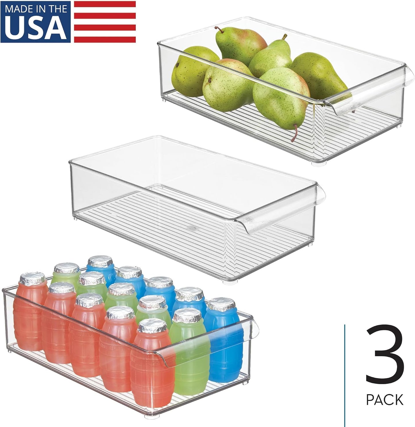iDesign Large Stackable Fridge or Freezer Bin with Front Handle - Set of 6 - Clear - Made in USA