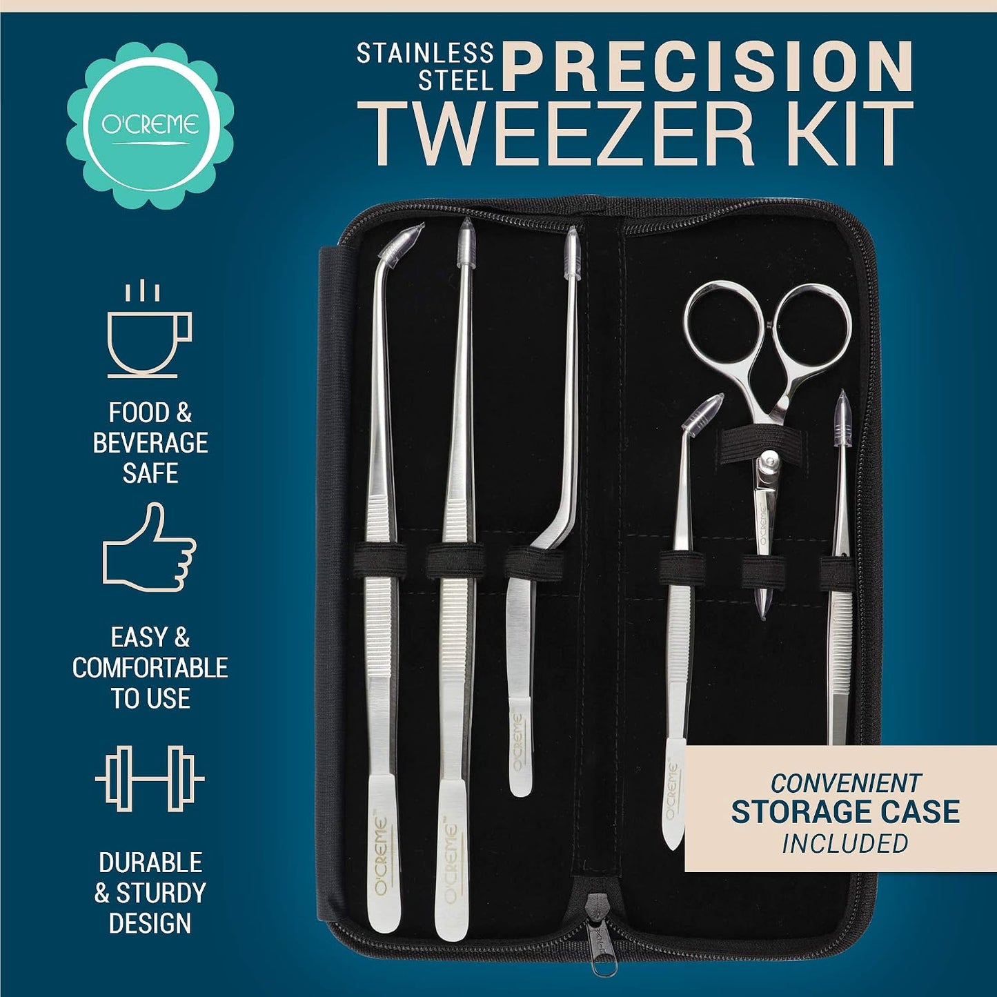 O'Creme Set of Culinary Tweezer Tongs Offset, Straight and Curved, Plus Super Sharp Chef Scissors, Total 6 Pieces (Rose Gold)