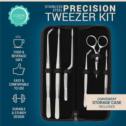 O'Creme Set of Culinary Tweezer Tongs Offset, Straight and Curved, Plus Super Sharp Chef Scissors, Total 6 Pieces (Rose Gold)
