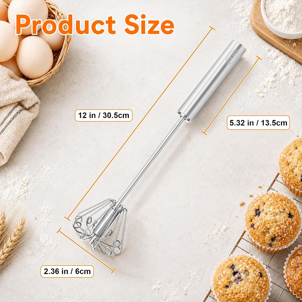 Hand Push Semi-automatic Whisk, Stainless Steel Egg Beater, 12 Inch