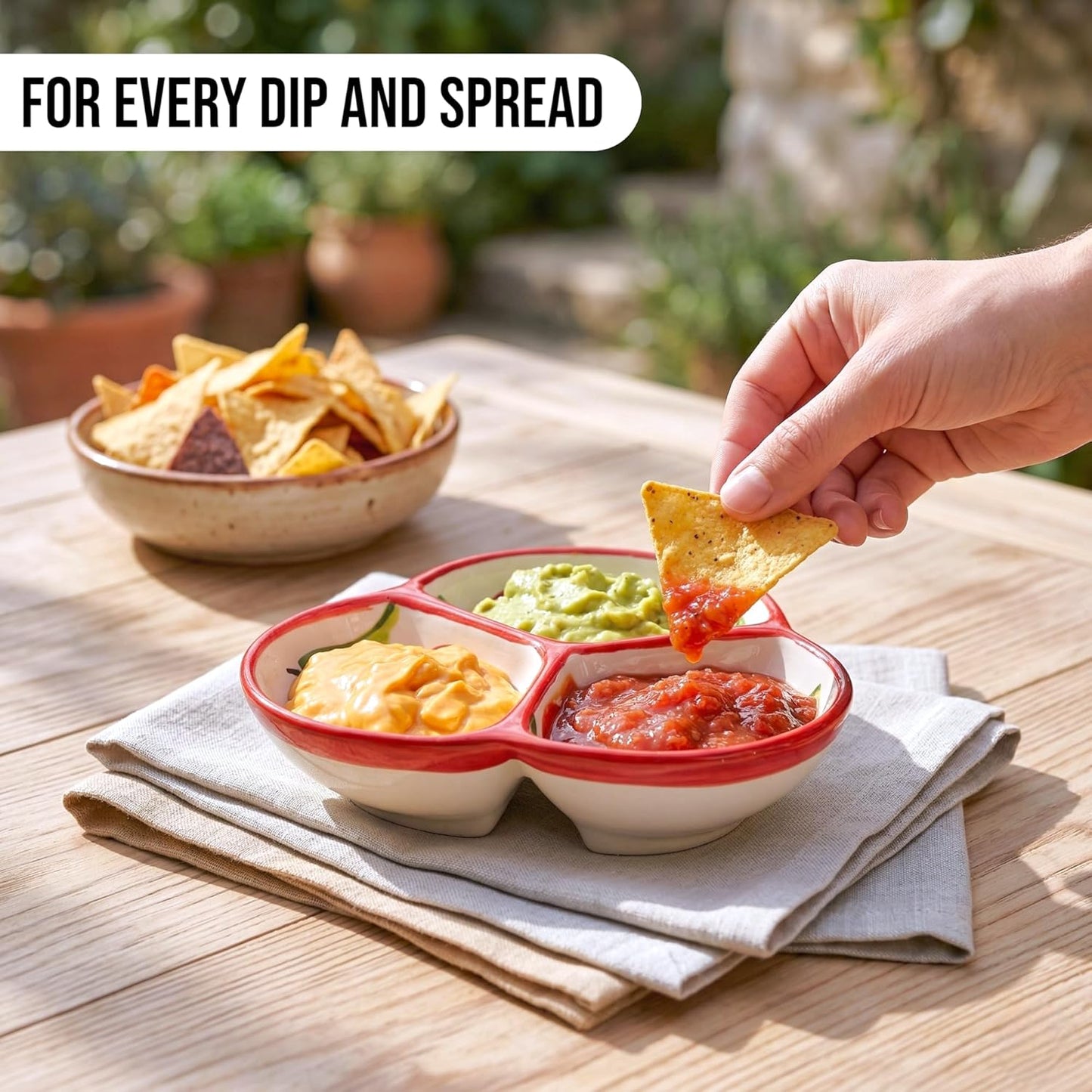 Ceramic Chip & Dip Bowl 7.5”, 3-Compartment Divided Serving Dish & Condiment Tray for Appetizers – Handmade in Spain, Lead-Free Glaze, Microwave, Oven & Dishwasher Safe