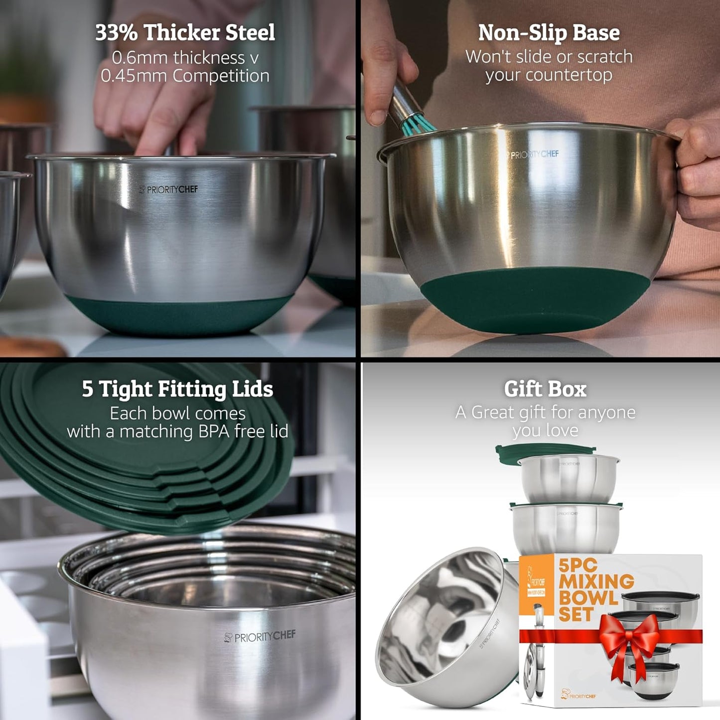 Priority Chef Premium Mixing Bowls With Lids Set, Airtight Lids, Thicker Stainless Steel, Non-Slip Base, 5 Nesting Steel Bowls for Kitchen, Large Prep Metal Bowl Set 1.5/2/3/4/5 Qt, Black
