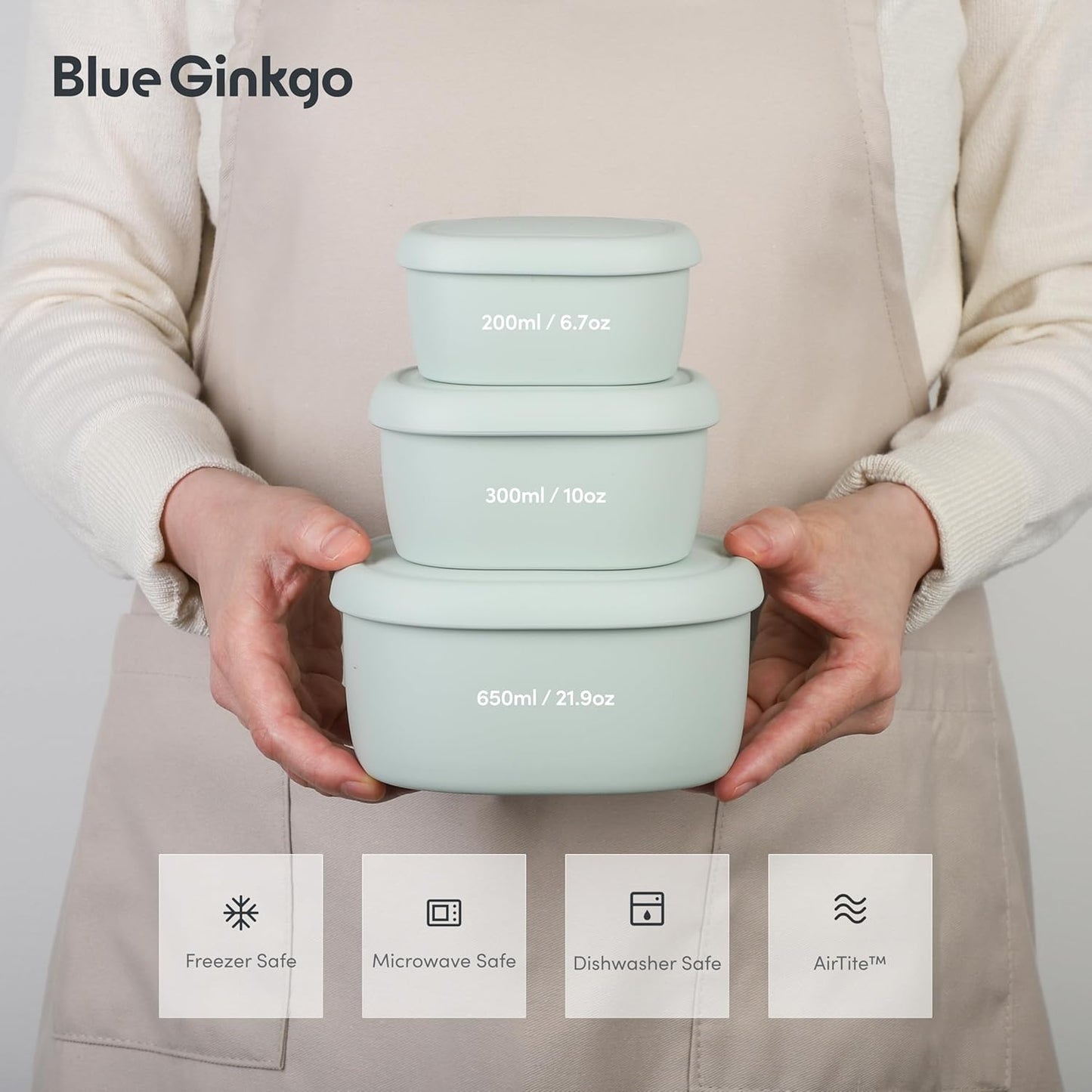 BLUE GINKGO Nesting Silicone Containers - Set of 3 Hard-Shell Silicone Food Storage Containers | BPA Free, Airtight, Dishwasher and Freezer Safe (6.7oz, 10oz, 20oz) - Green