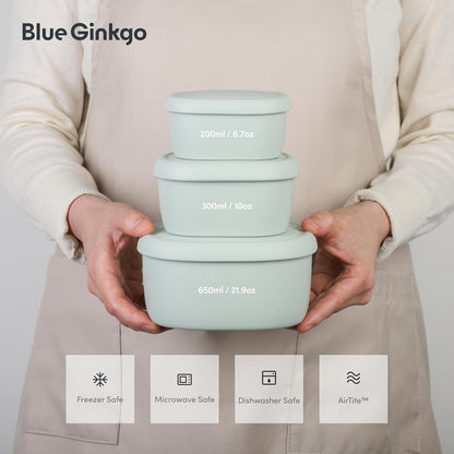 BLUE GINKGO Nesting Silicone Containers - Set of 3 Hard-Shell Silicone Food Storage Containers | BPA Free, Airtight, Dishwasher and Freezer Safe (6.7oz, 10oz, 20oz) - Green