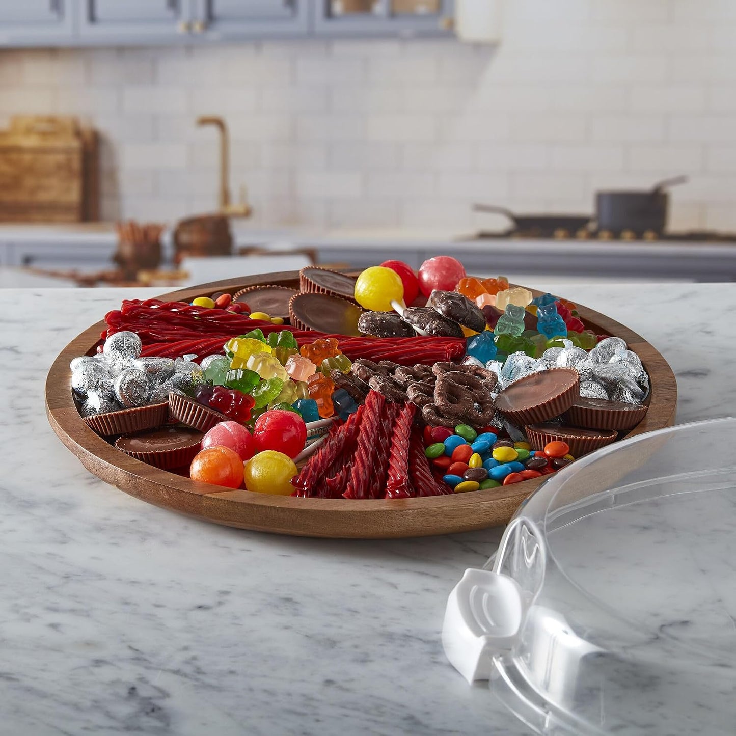 FARBERWARE Build-a-Board Cutting Board with Lazy Susan Turntable, Five Compartments, and Clear Locking Lid for Charcuterie, Snacks, and More, Acacia
