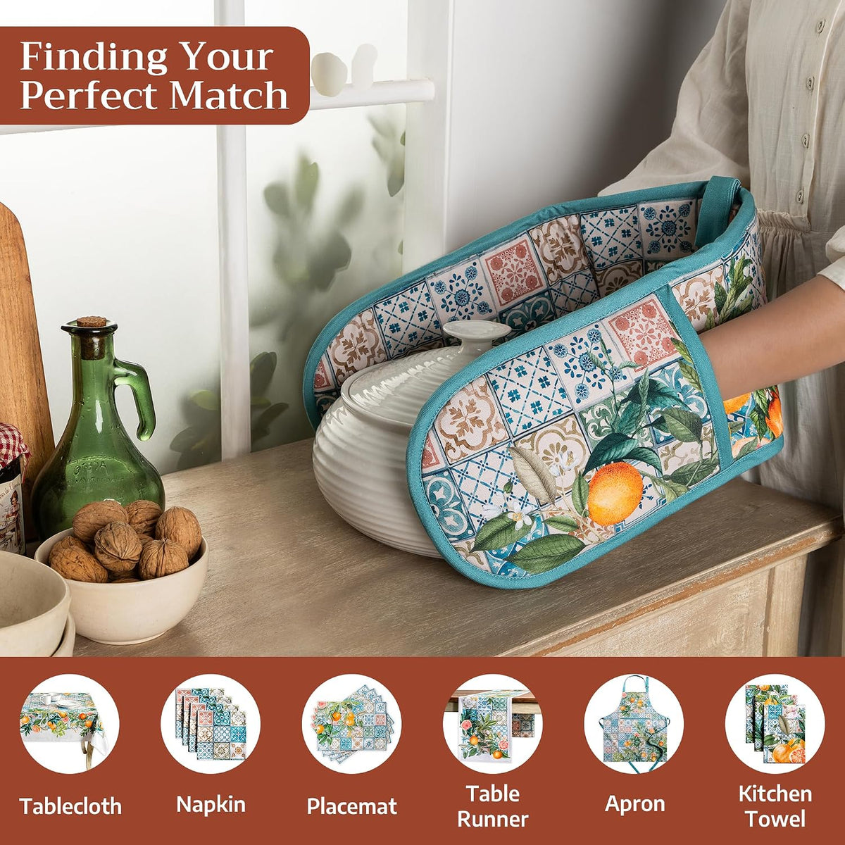 Maison d' Hermine 100% Cotton Oven Mitt & Pot Holder Set (7.5"x13" & 8"x8") - Colors C