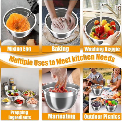 Mixing Bowls with Lids Set, 16PCS Stainless Steel Mixing Bowls,Nesting Storage Bowls for Kitchen with Mixing Bowls Set, Colander, Strainer & Grater , Metal Salad Bowl for Kitchen Gadgets , Cream