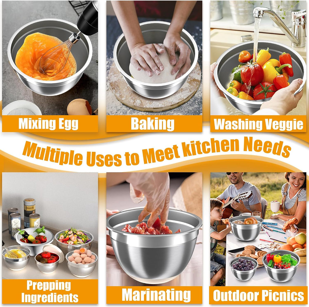 Mixing Bowls with Lids Set, 16PCS Stainless Steel Mixing Bowls,Nesting Storage Bowls for Kitchen with Mixing Bowls Set, Colander, Strainer & Grater , Metal Salad Bowl for Kitchen Gadgets , Cream