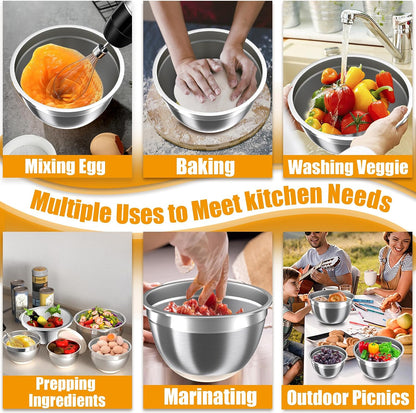 Mixing Bowls with Lids Set, 16PCS Stainless Steel Mixing Bowls,Nesting Storage Bowls for Kitchen with Mixing Bowls Set, Colander, Strainer & Grater , Metal Salad Bowl for Kitchen Gadgets , Cream