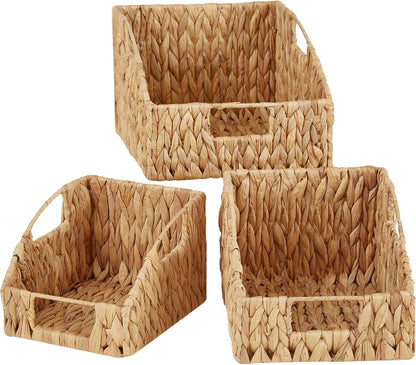 Vagusicc Wicker Storage Baskets for Organizing, 3-pack Hand-Woven Wicker Baskets with Built-in Handles, Water Hyacinth Storage Baskets for Shelves Storage, Small Pantry Baskets Kitchen Organizers