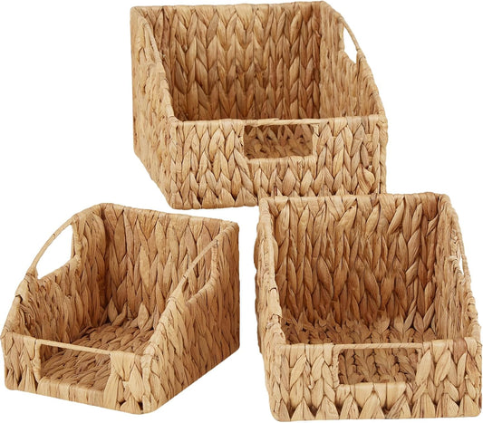 Vagusicc Wicker Storage Baskets for Organizing, 3-pack Hand-Woven Wicker Baskets with Built-in Handles, Water Hyacinth Storage Baskets for Shelves Storage, Small Pantry Baskets Kitchen Organizers