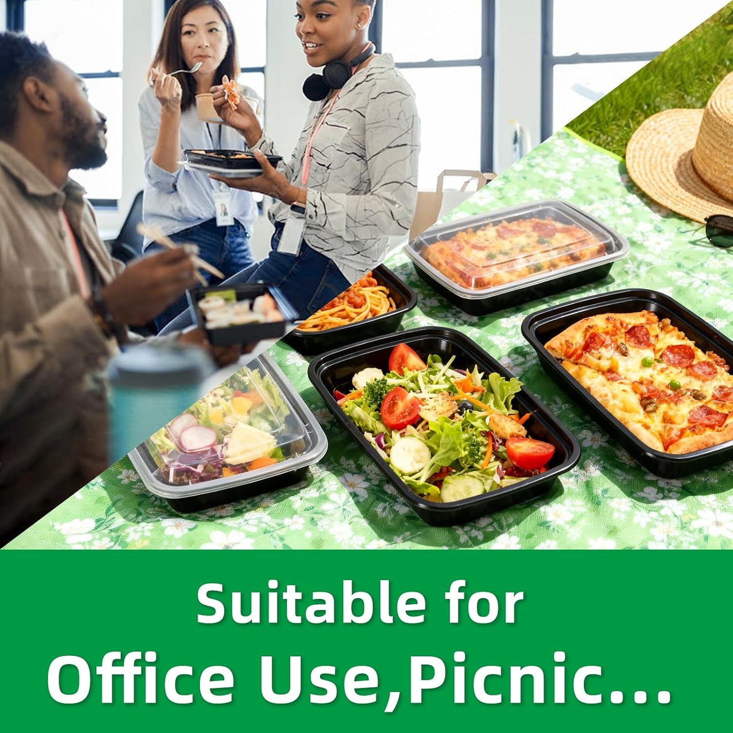 Meal Prep Containers 2 Compartment 15 Pack, 28 oz Divided Reusable Food Storage Containers with Lids Takeout Food Storage Containers Black, Microwave Dishwasher Freezer Safe, Stackable, BPA Free