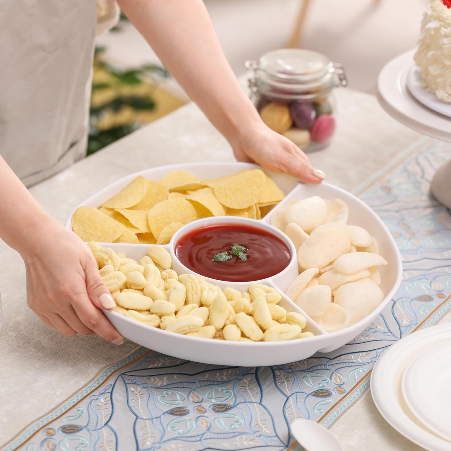 Chip & Dip Serving Tray Set, 4 Sectional Round Melamine Serving Platter, Relish Tray, Round Compartment Appetizer platter for Veggies, Candy and Snacks, Matte Black, Set of 2