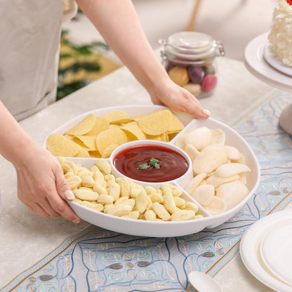 Chip & Dip Serving Tray Set, 4 Sectional Round Melamine Serving Platter, Relish Tray, Round Compartment Appetizer platter for Veggies, Candy and Snacks, Matte Black, Set of 2