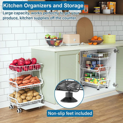 OKZEST 3-Tier Rolling Pantry Floor Organizer and Storage Cart with Wheels, Stackable Wire Pantry Baskets for Pantry Shelves, Kitchen Storage Rack and Fruit Basket Stand for Fruit Snack Onion Potato