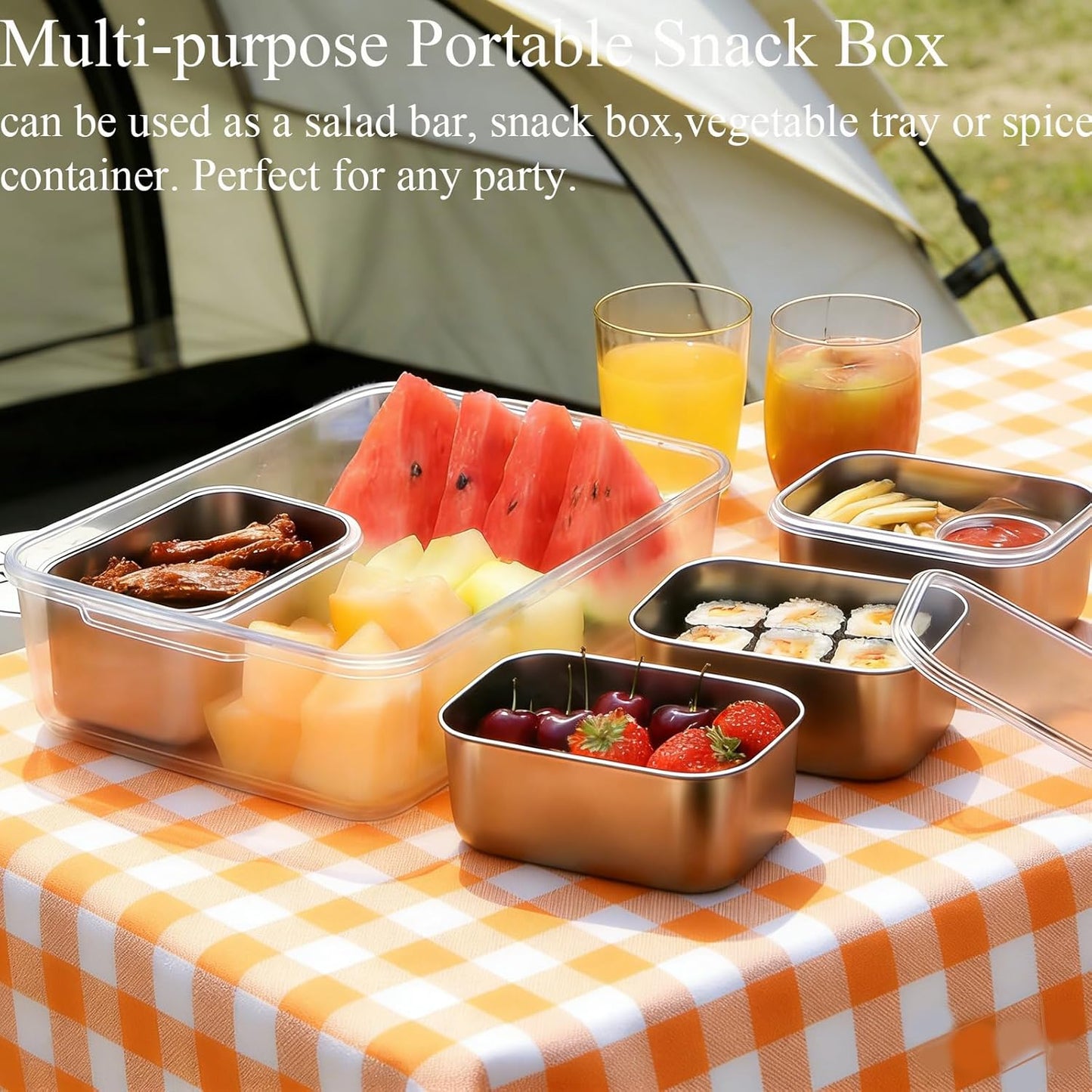 Snackle Box Container, Stainless Steel Divided Serving Tray with Lid and Handle, Large Snack Tray for Fruit Veggie Candy, 8-Compartment Snack Platter for Travel Party Beach Picnic